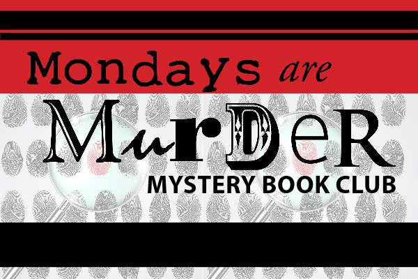 Mondays are Murder Mystery Book Club logo over a background with black fingerprints, one red fingerprint is under a magnifying glass