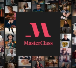MasterClass logo with a collage of famous faces behind it