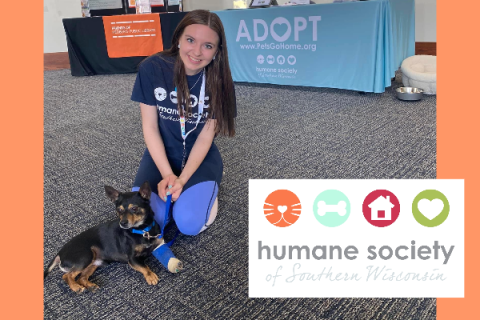 woman kneeling next to dog with a broken leg overlaid by the human society of southern wisconsin logo