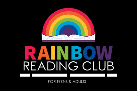 A drawing of a rainbow coming out of an open book over the words Rainbow Reading club
