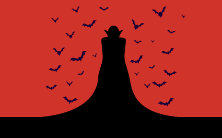 sillouhette of a vampire with bats flying around a red background