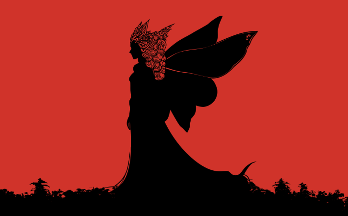sillouhette of a fairy with wins on a red background