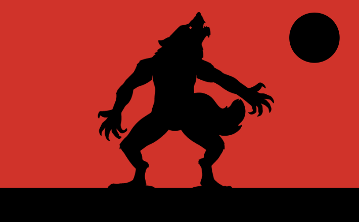 sillouhette of a vampire howling at a full moon on a red background
