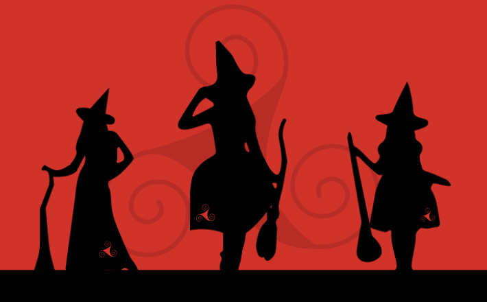 sillouhette of three witches wearing witches hats and holding brooms on a red background