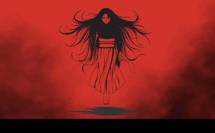 sillouhette of a floating woman on a red background