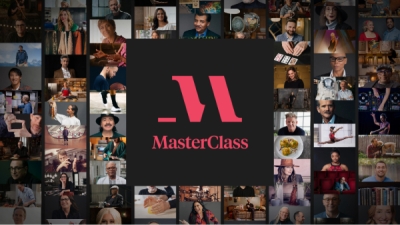 MasterClass logo with a collage of famous faces behind it