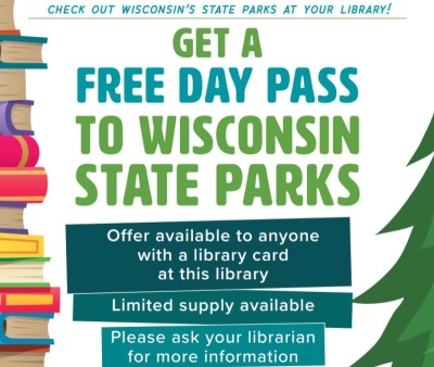 text of "get a free day pass to wisconsin state parks" with a stack of books on one side and a pine tree on the other