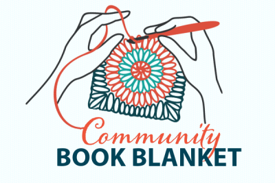 Community Book Blanket with hands crocheting a multi color granny square