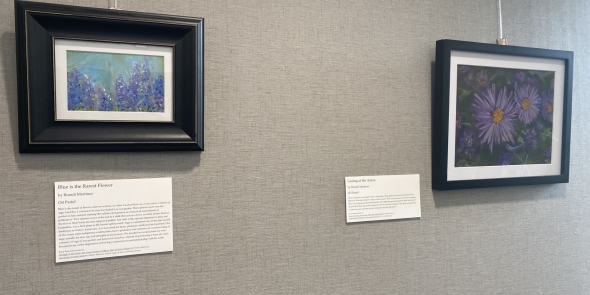 Two oil pastels paintings depicting blue and purple flowers