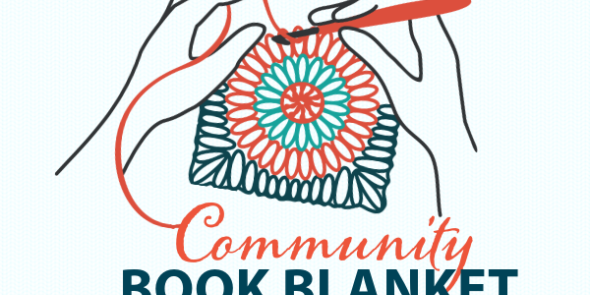 Community Book Blanket with hands crocheting a multi color granny square