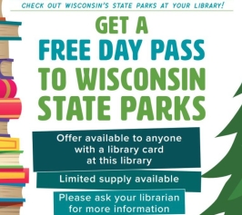 text of "get a free day pass to wisconsin state parks" with a stack of books on one side and a pine tree on the other