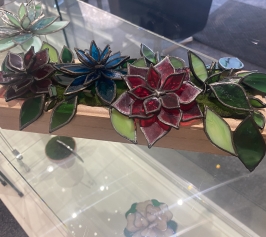 Stained glass flowers in wooden box