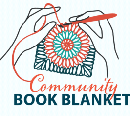 Community Book Blanket with hands crocheting a multi color granny square