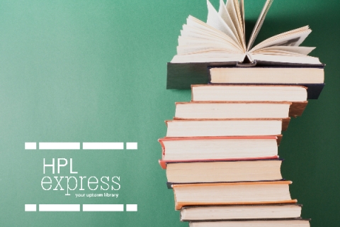 curved stack of books with the top book open on a teal background with the HPL Express logo