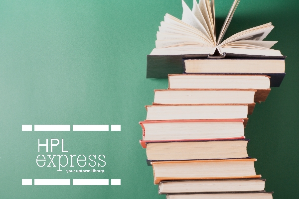 curved stack of books with the top book open on a teal background with the HPL Express logo