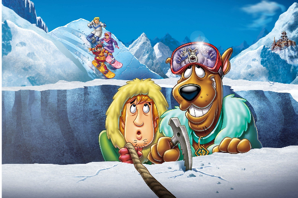 shaggy and scooby doo cartoons peeking out from a hole on a snowy landscape