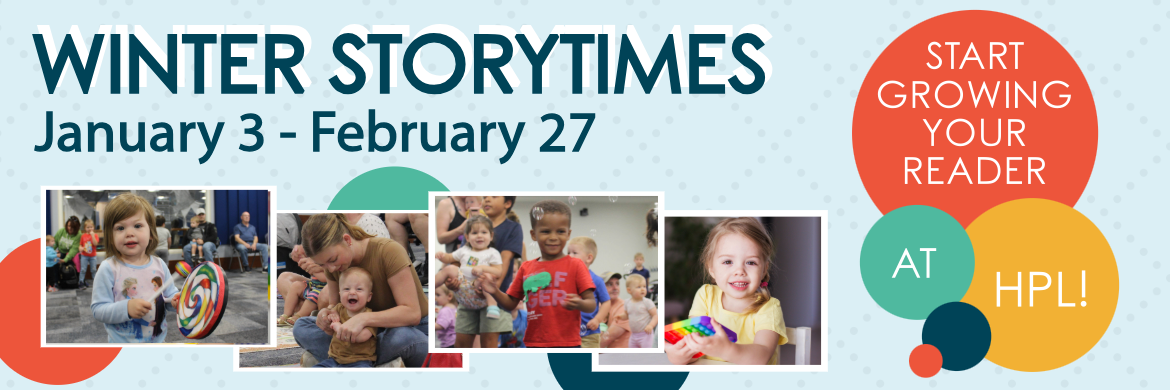 Winter Storytimes january 3-february 27 with pictures of kids singing and dancing